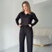 Women's Clothing Solid Color V-Neck Long Sleeve Top With Pocket & Tie-Waist Straight Pants Set - Casual Office Wear, Comfortable Polyester Outfit_ecoleips.com