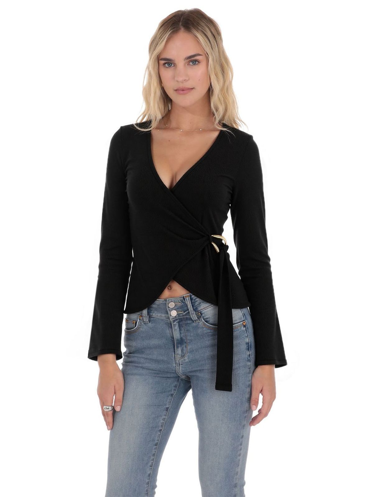 Voya Women's French Style Niche Design Top, Women's Black V-neck Long Sleeved Waist Cinched Knit Shirt With Chest Tie_ecoleips.com