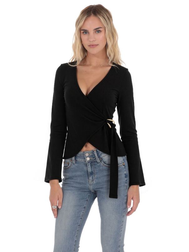 Voya Women's French Style Niche Design Top, Women's Black V-neck Long Sleeved Waist Cinched Knit Shirt With Chest Tie_ecoleips.com