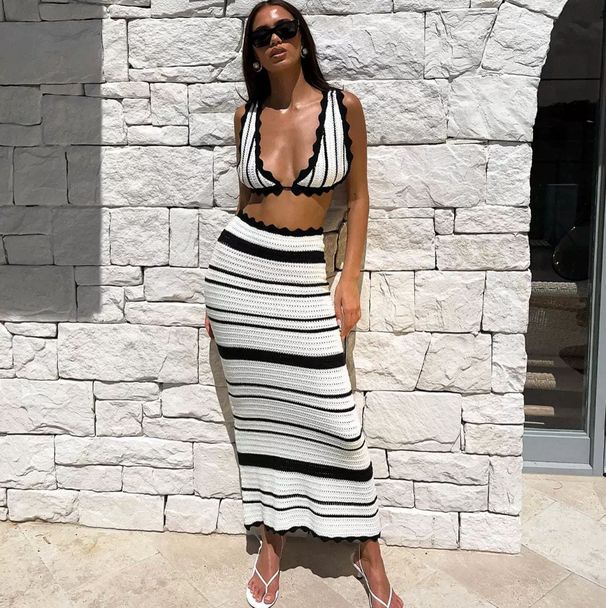 Women's Clothing New Seaside Beach Dress Textured Bikini Casual Vest Suspender Top Long Skirt Set_ecoleips.com