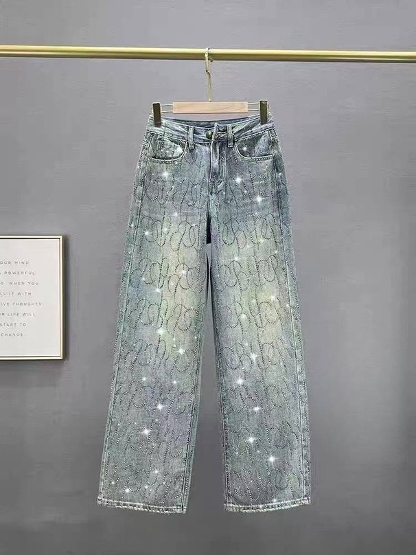 Women’s Clothing spring and summer new luxury gradient rhinestones starry straight jeans narrow leg pants_ecoleips.com