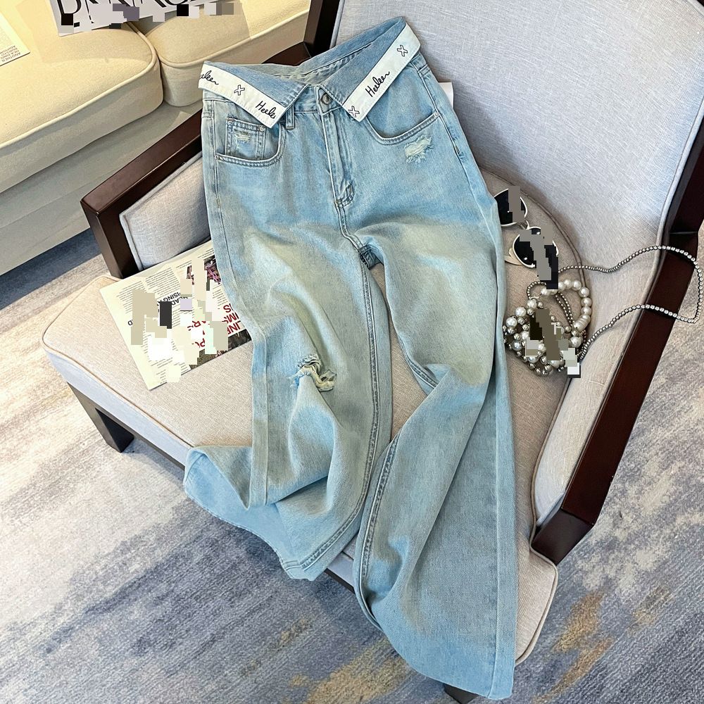 Women's Clothing Real Shot Of Summer Thin Design Style Cuff Letter Waist High Waist Loose Slim Denim Trousers Wide Leg Pants_ecoleips.com