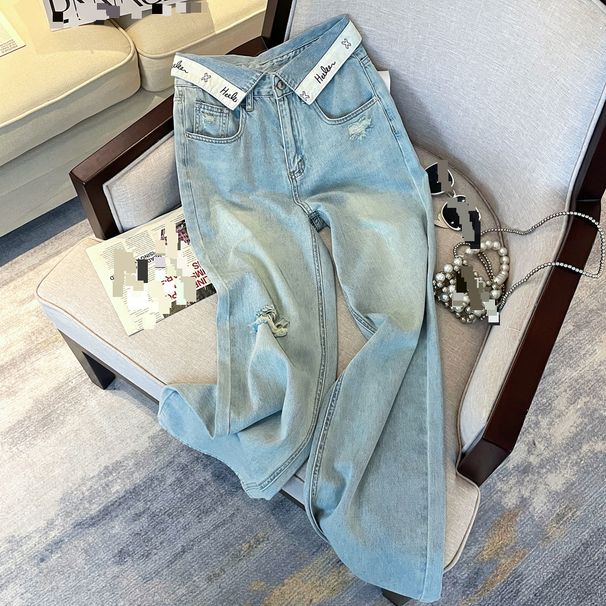 Women's Clothing Real Shot Of Summer Thin Design Style Cuff Letter Waist High Waist Loose Slim Denim Trousers Wide Leg Pants_ecoleips.com