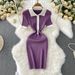 Women's Clothing Temperament Contrast Color Single Breasted Lapel Short Sleeved Knitted Dress Waist Slimming Hip Short Skirt_ecoleips.com