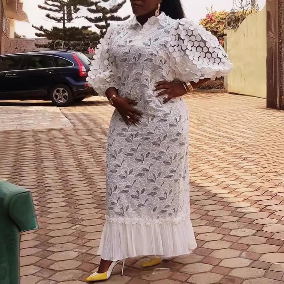 Women's Clothing Elegant Plus Size Floral Embroidered Blouse Dress Stylish Office Wear Lace Details Loose Fit Long Length Polo Collar, Bubble Sleeves_ecoleips.com
