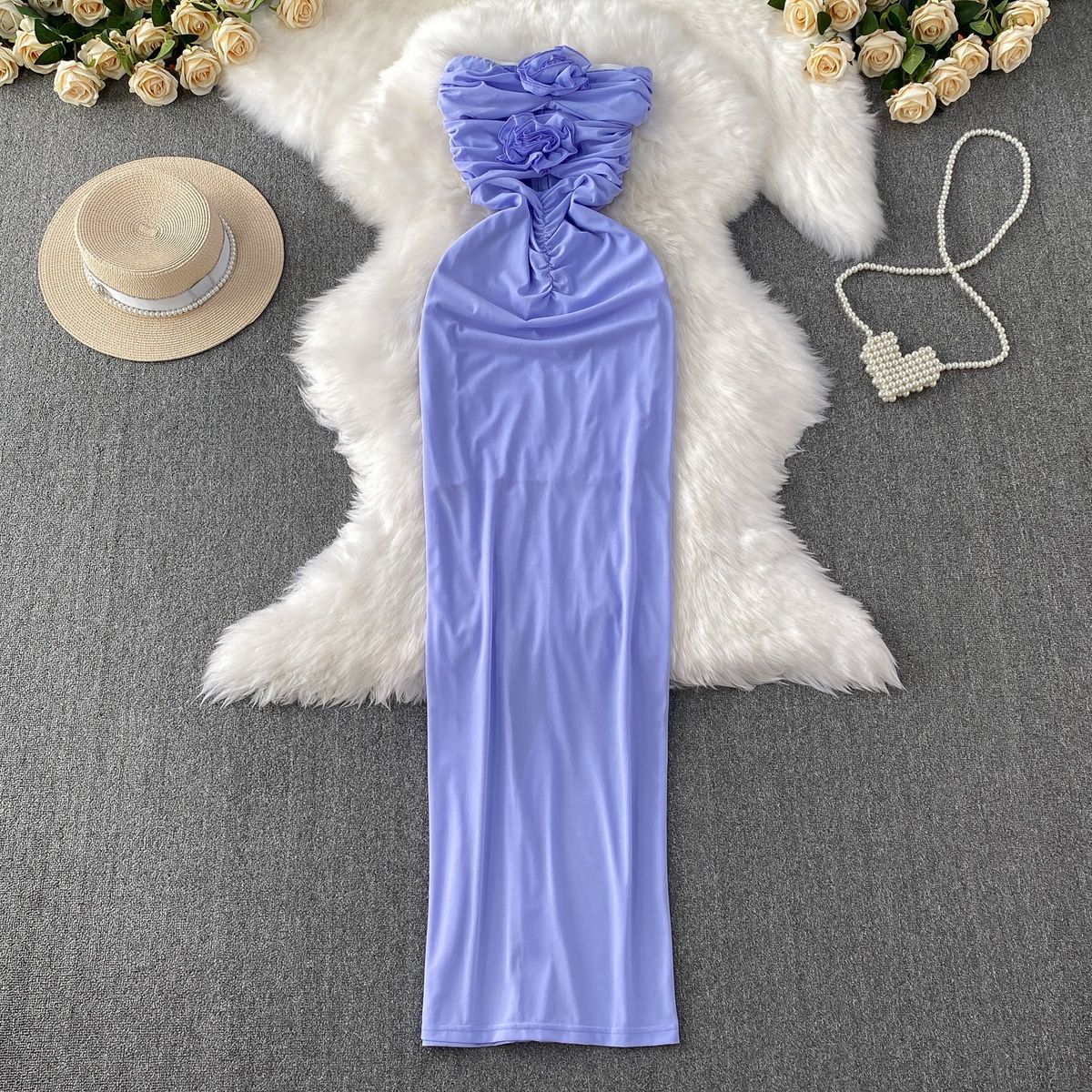 Women's Clothing Design Niche Hollow Chest Sleeveless Three Dimensional Flower Dress Women's Summer Slim Pleated Long Skirt_ecoleips.com