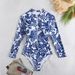 Women's Clothing New Blue Print Sexy Triangle One Piece Swimsuit Round Neck Racing Zipper Surfing Suit_ecoleips.com