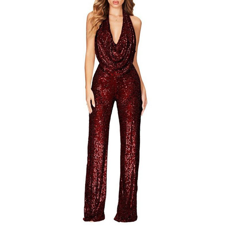 Women's Sequin Halter Neck Jumpsuit Elegant Slim Fit Long Pants European American Fashion 2025 Style_ecoleips.com