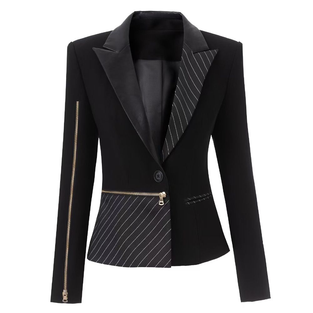 Women's Color-Block Blazer With Metallic Zipper Detail - Slim-Fit Career Jacket With PU Leather Collar & Waist-Defining Design_ecoleips.com