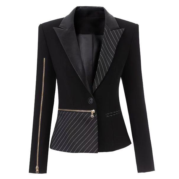 Women's Color-Block Blazer With Metallic Zipper Detail - Slim-Fit Career Jacket With PU Leather Collar & Waist-Defining Design_ecoleips.com