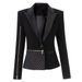 Women's Color-Block Blazer With Metallic Zipper Detail - Slim-Fit Career Jacket With PU Leather Collar & Waist-Defining Design_ecoleips.com