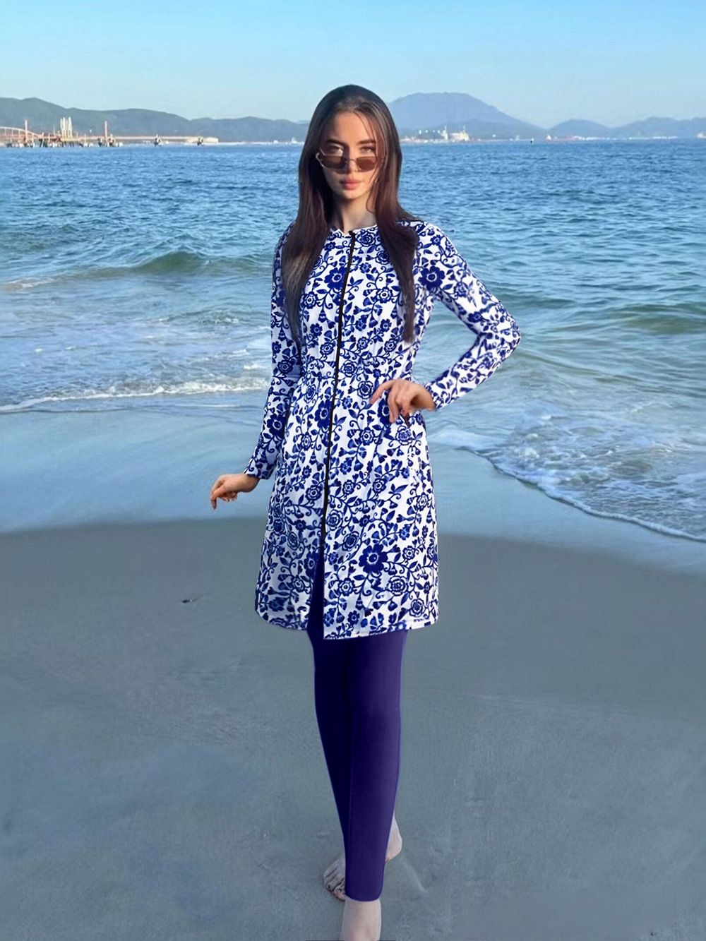 Women's Clothing Women's Blue White Porcelain Print Swimsuit Slimming Split Design Belly-Covering Long-Sleeved Long-Pants Sun-Proof Bikini Set_ecoleips.com
