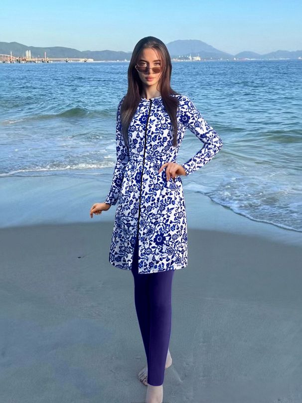 Women's Clothing Women's Blue White Porcelain Print Swimsuit Slimming Split Design Belly-Covering Long-Sleeved Long-Pants Sun-Proof Bikini Set_ecoleips.com