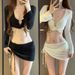 Women's Sexy Solid Color Bikini Swimsuit Two Piece Four Piece Set Long Sleeved Cover Up Skirt Hot Spring Swimwear Polyester_ecoleips.com