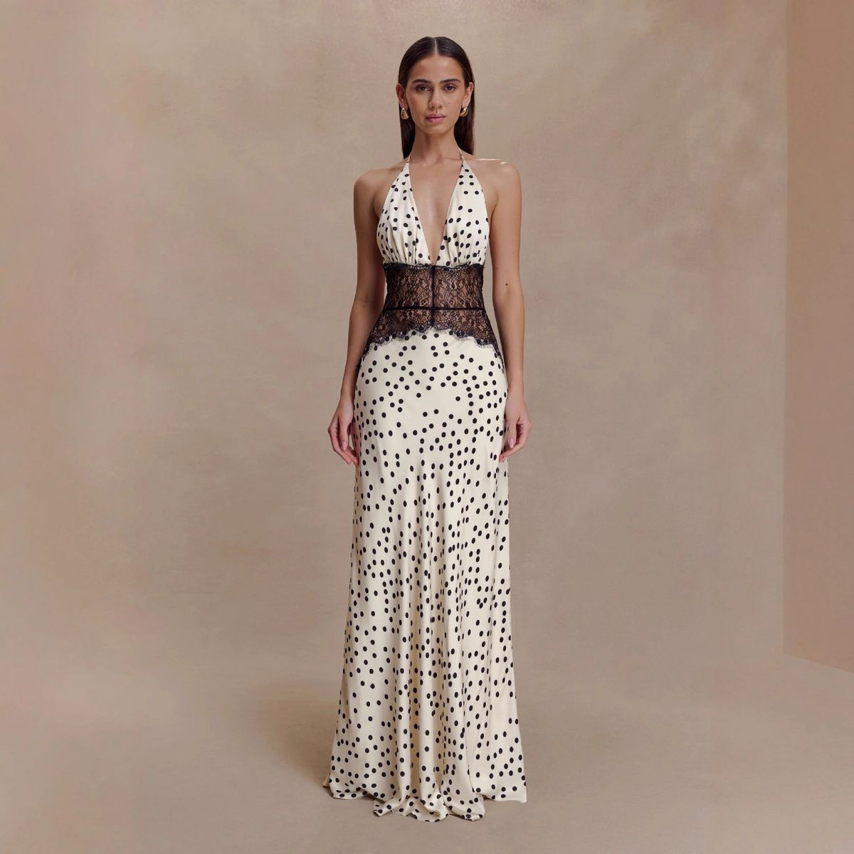 Women's Clothing Elegant Fashionable Polka Dot V Neck Patchwork Dress Backless Waist Cinching Lace Maxi Women's Dress_ecoleips.com