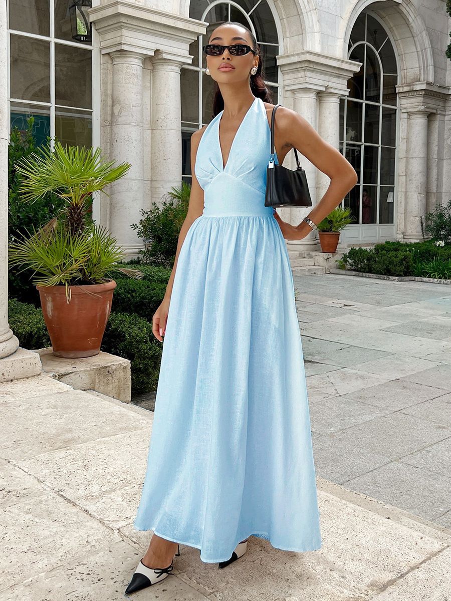 Elegant Deep V-Neck Halter Wrap Back Maxi Dress – Women's Flowy A-Line Evening Gown (S-XL) | Polyester-Spandex Formal Dress With Side Slit_ecoleips.com
