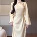 2025 Fall/Winter Yellow Knitted Jacquard New Chinese Cheongsam For Women, Improved Young Style Women's Daily Dress,_ecoleips.com