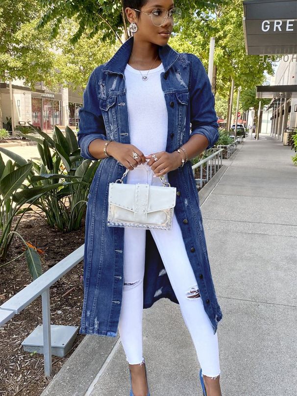 K New Denim Long Windbreaker Jacket With Holes Denim Jacket For Women_ecoleips.com