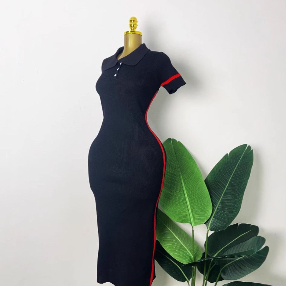 Women's Clothing Women's Summer Large Size Long Skirt Round Neck Faish Short Sleeve Striped Color Matching Dress_ecoleips.com