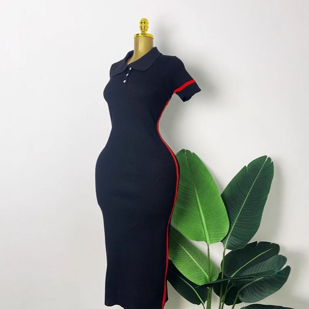 Women's Clothing Women's Summer Large Size Long Skirt Round Neck Faish Short Sleeve Striped Color Matching Dress_ecoleips.com