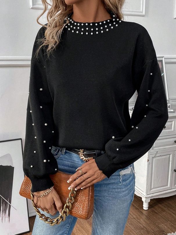 Pearl Embellished Round Neck Long Sleeve Knit Sweater For Women – Elegant & Comfortable Blouse With Lantern Sleeves (Black, Red)_ecoleips.com