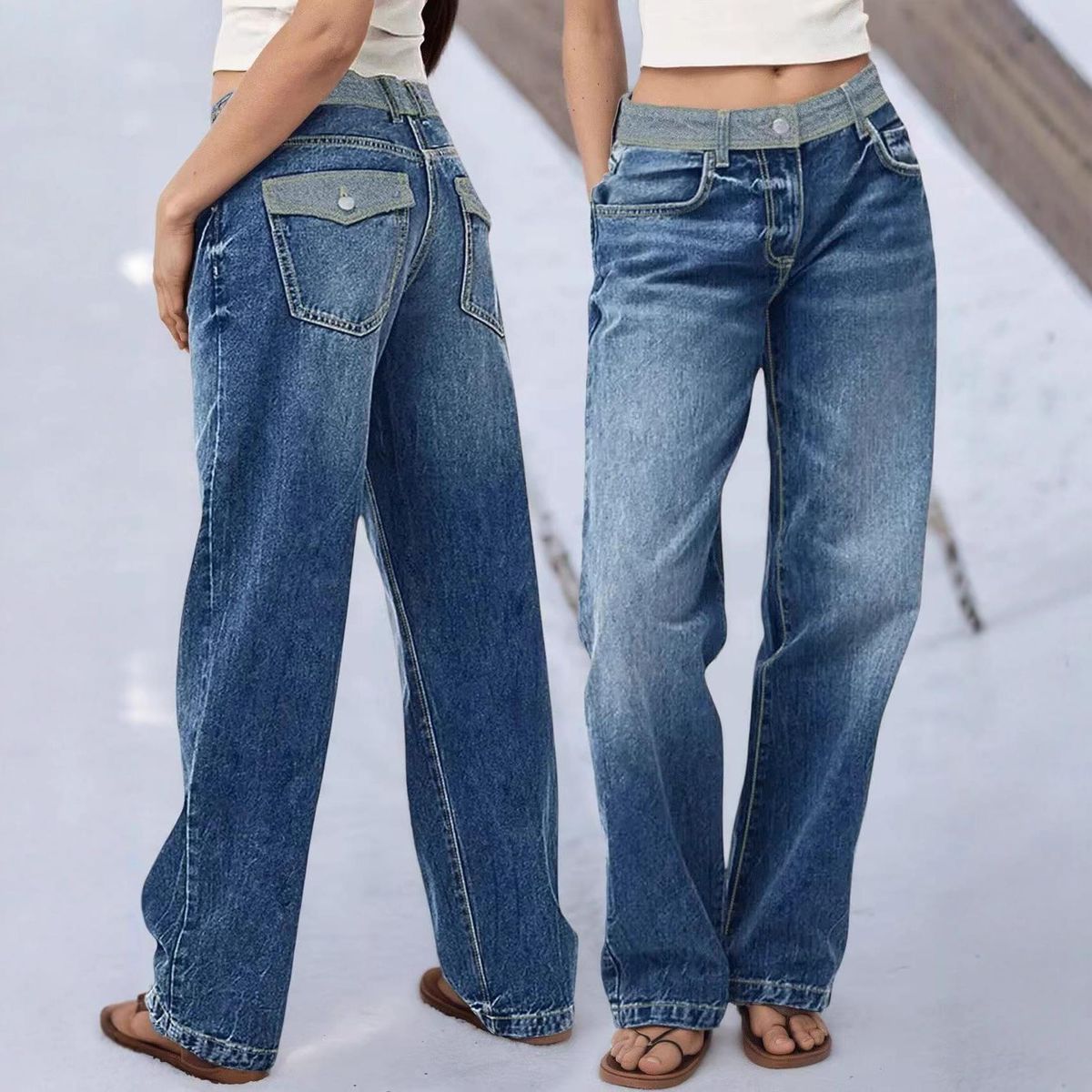 Women's Patchwork Vintage Jeans - Retro High-Waisted Straight Leg Denim Pants With Contrast Stitching_ecoleips.com