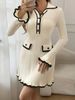 Elegant Knit Dress With Notched Collar & Flounce Hem – Slim Fit Long Sleeve Tunic For Women_ecoleips.com