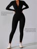 Women's Ribbed Long-Sleeve Zip-Up Jumpsuit – Seamless Yoga & Workout Romper (Moisture-Wicking, High-Stretch Nylon) – Black/Coffee (S-L)_ecoleips.com