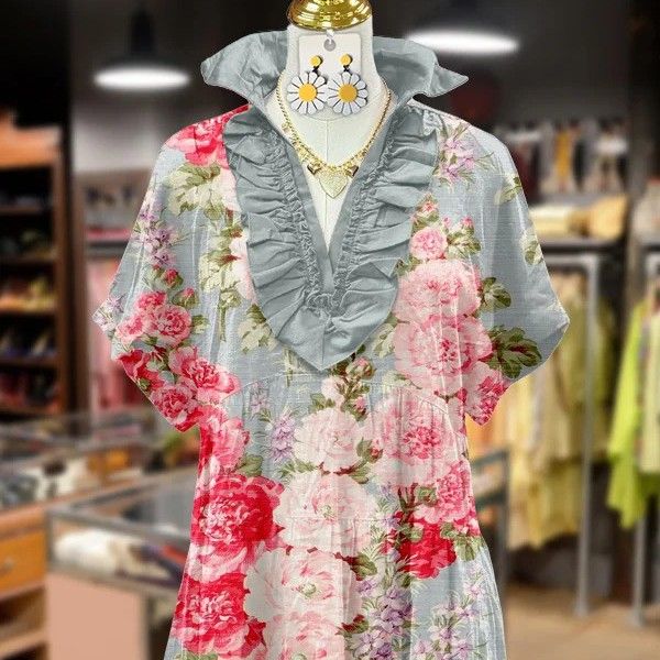 Women's V Neck Lace Short Sleeve Digital Print Dress Floral Design_ecoleips.com