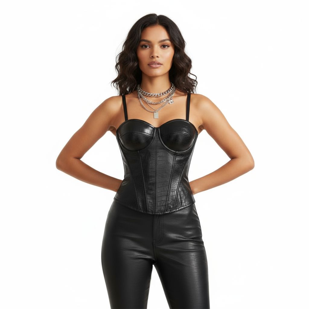 Women's PU Leather Underbust Corset Top With Boning & Removable Pads, Fashion Bustier For Outerwear_ecoleips.com