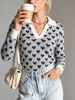 Women Soft Skin-Friendly Breathable Heart Print Knit Top Contrast Polo V Neck Long Sleeve Oversized Loose Fuzzy Knit Sweater_ecoleips.com