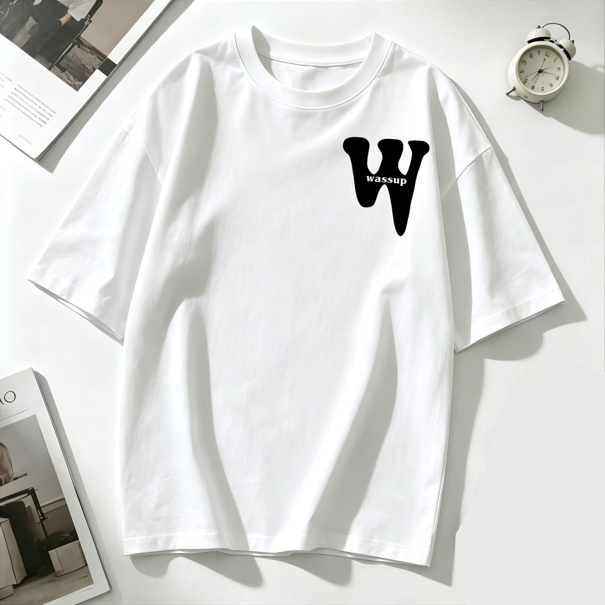 Women's Oversized T-Shirt Minimal W Letter Wassup Slogan Graphic Casual Loose Short Sleeve Streetwear Top_ecoleips.com
