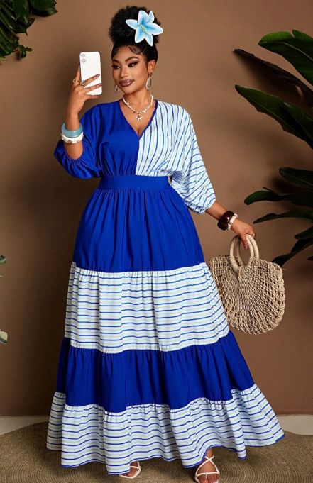Curvy Women Striped Color Block Dress, Shirred Waist Tiered Skirt 3/4 Sleeve Elegant Casual Dress For Commute Vacation Daily Street Wear_ecoleips.com