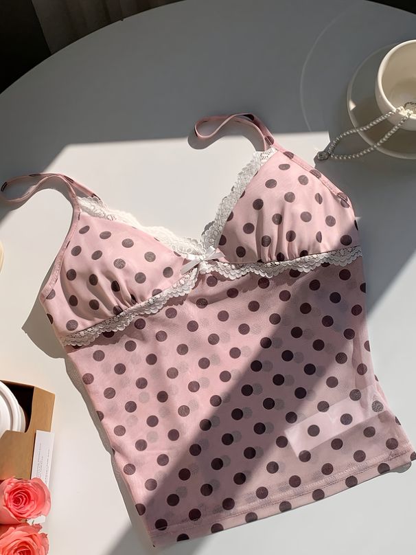 Pink Lace Trim V-neck Polka-dot Spaghetti Strap Vest For Women, Perfect For Summer, Versatile Top._ecoleips.com