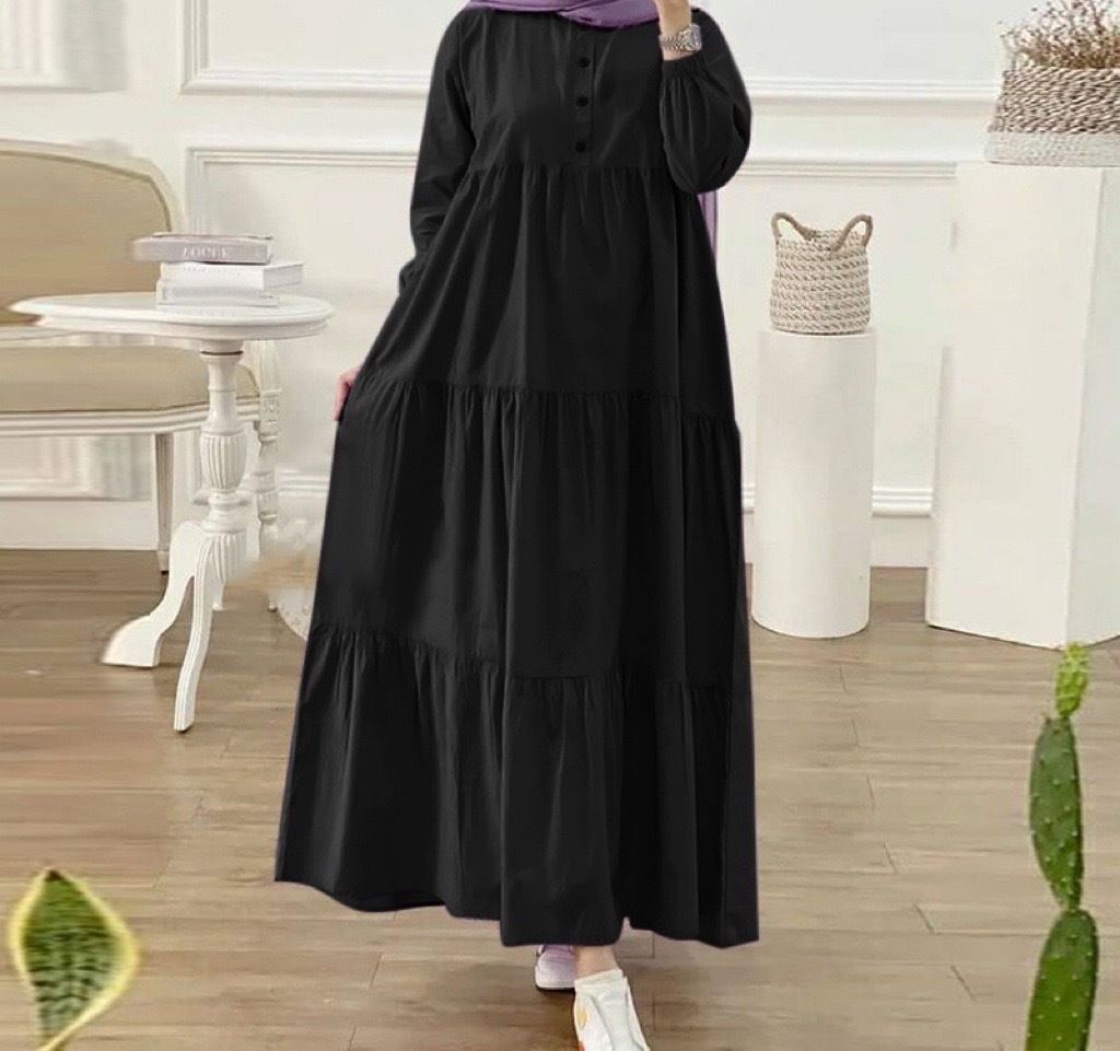 Women’s Clothing new Muslim solid color loose casual button neck long sleeved cotton and linen dress_ecoleips.com