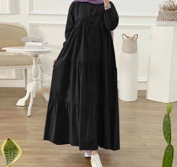 Women’s Clothing new Muslim solid color loose casual button neck long sleeved cotton and linen dress_ecoleips.com