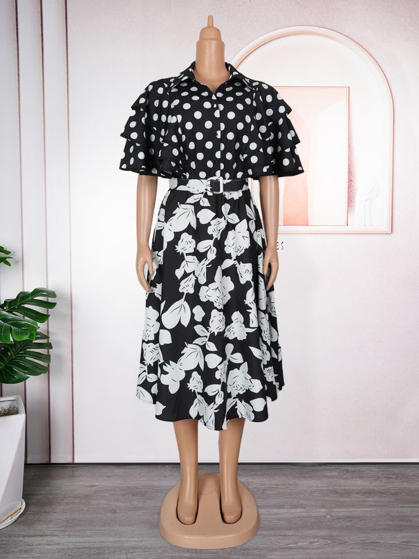 Women's Clothing A Line Skirts Africa Plus Size Floral Print Shirt Dress – A-Line Midi Dress With Collar (Orange/Fuchsia/Green/Black)_ecoleips.com