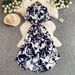 Women's Clothing Printed Short Sleeved Dress Autumn Polo Collar Tie Wrap Waist Design Niche And Unique Temperament Long Dress_ecoleips.com
