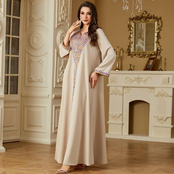 Women's Clothing Elegant Muslim Sequin Luxury Embroidered Abaya Dress With Beaded Details – Elegant Muslim Long Sleeve Maxi Dress (Apricot/Yellow)_ecoleips.com