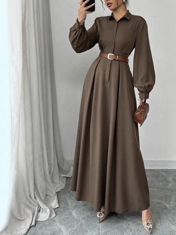 LH09 Women's Long Sleeve Shirt Collar A-Line Dress With Waist Tie - Elegant Office Wear For Autumn Season_ecoleips.com