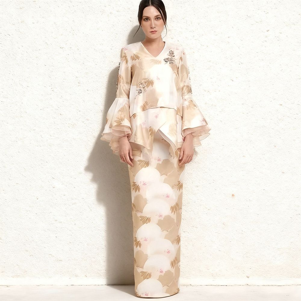 Floral Print Two Piece Set For Women Bell Sleeve Beaded Top With Slim Fit Long Skirt Irregular Layered Muslim Fashion Suit_ecoleips.com