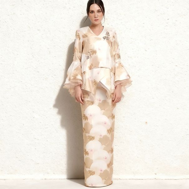 Floral Print Two Piece Set For Women Bell Sleeve Beaded Top With Slim Fit Long Skirt Irregular Layered Muslim Fashion Suit_ecoleips.com