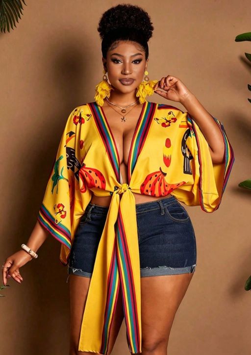 Curvy Women Irregular Placement Floral Print Tie Adjust Shirt, Elegant Sexy Blouse For Beach Vacation Valentine Music Festival Spring Summer Outing_ecoleips.com