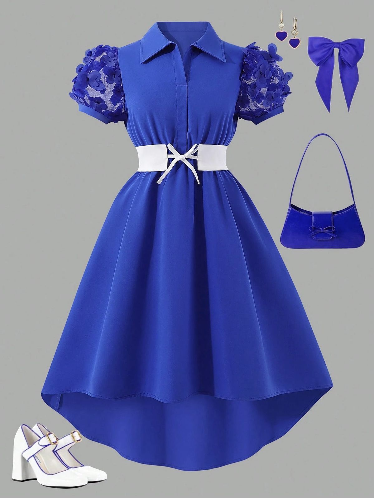Women PuffSleeve ShirtCollar RoyalBlue 3DFloral HiLoHem Midi Dress ElegantRetro SpringSummer Chic Party Club Lightweight Dress_ecoleips.com