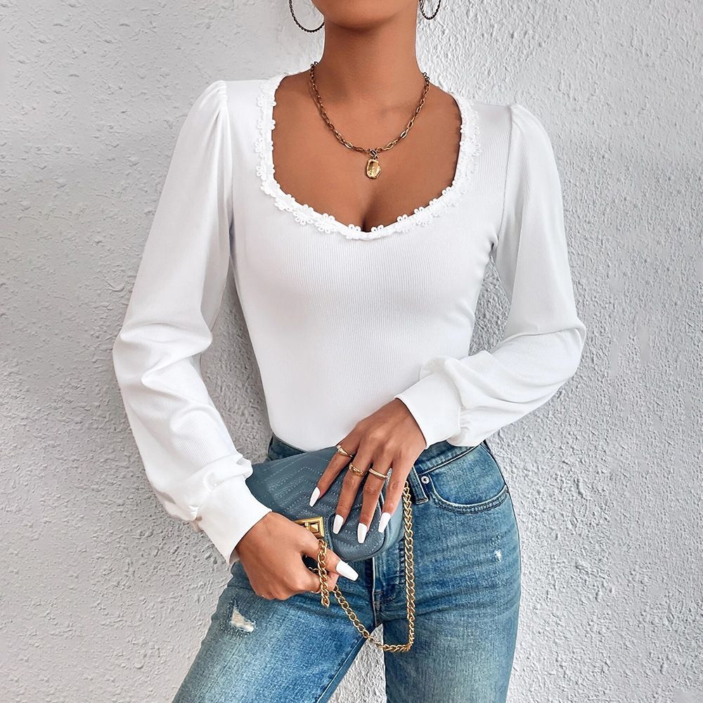 Voya Women's V-neck Bubble Sleeve Slim Fit Fashionable Versatile Women's T-shirt Long Sleeved Lace French Top_ecoleips.com