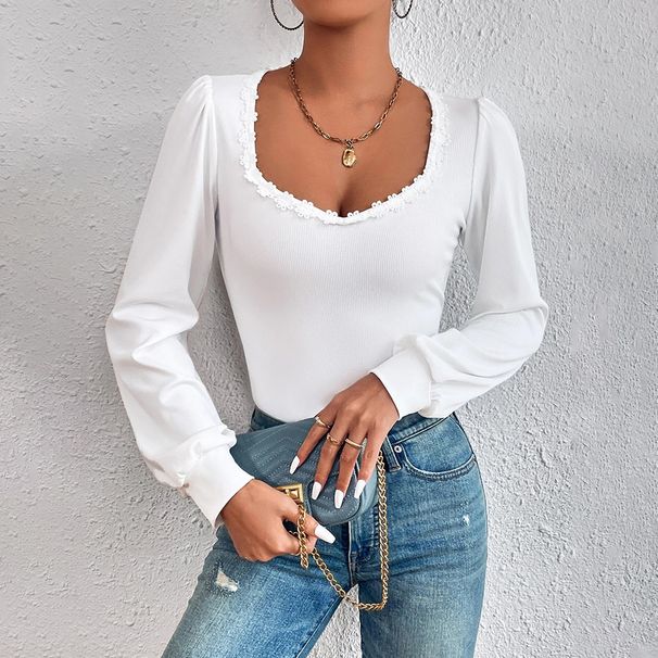 Voya Women's V-neck Bubble Sleeve Slim Fit Fashionable Versatile Women's T-shirt Long Sleeved Lace French Top_ecoleips.com