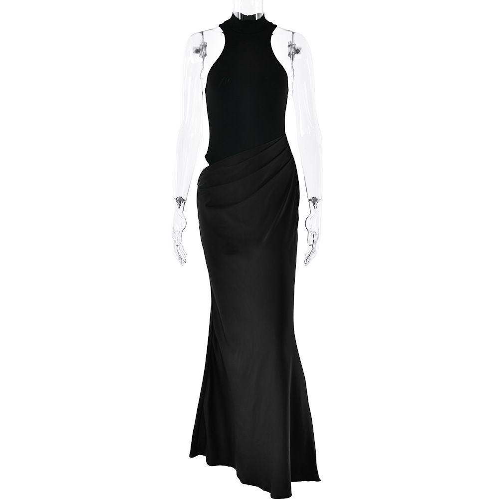 Hot Selling New Women's Round Neck Sleeveless Slim Fitting Patchwork Long Skirt Fashionable Hollow Out Dress_ecoleips.com