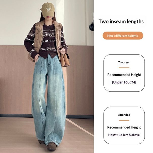 Light Blue Curved Wide-leg Jeans For Women, Winter American-style Design, High-waisted, Loose-fitting, Warm Long Pants_ecoleips.com