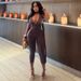 Women's Slim Fit Sports Commuter Jumpsuit V Neck Tie Up European American Style Trendy Solid Color_ecoleips.com