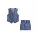 Zatrax2025 New Women's Fashion Sleeveless Short Denim Vest High Waist Skirt_ecoleips.com